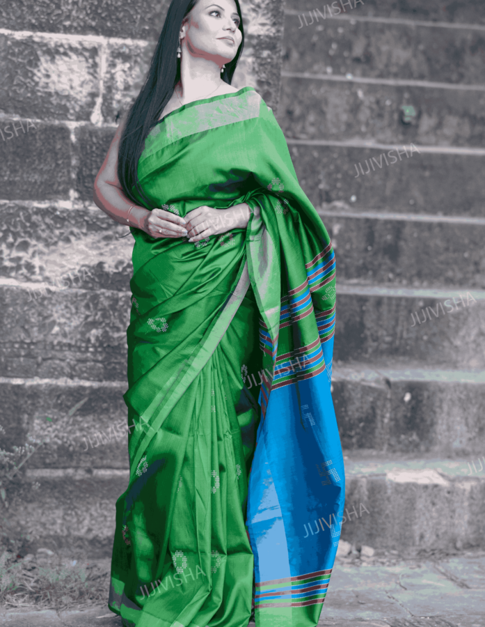 Regal Verdure: Leaf Green and Royal Blue Bishnupuri Pure Silk Kalakhetra Handspun Handwoven Saree
