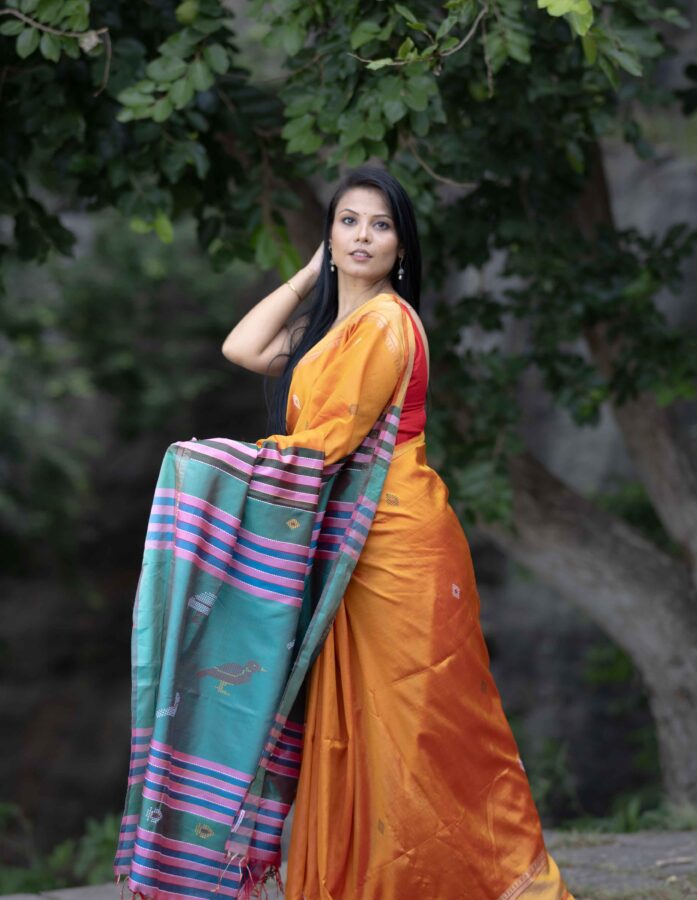 Mystical Hues: Sea Green and Orange Bishnupuri Pure Silk Kalakshetra Saree