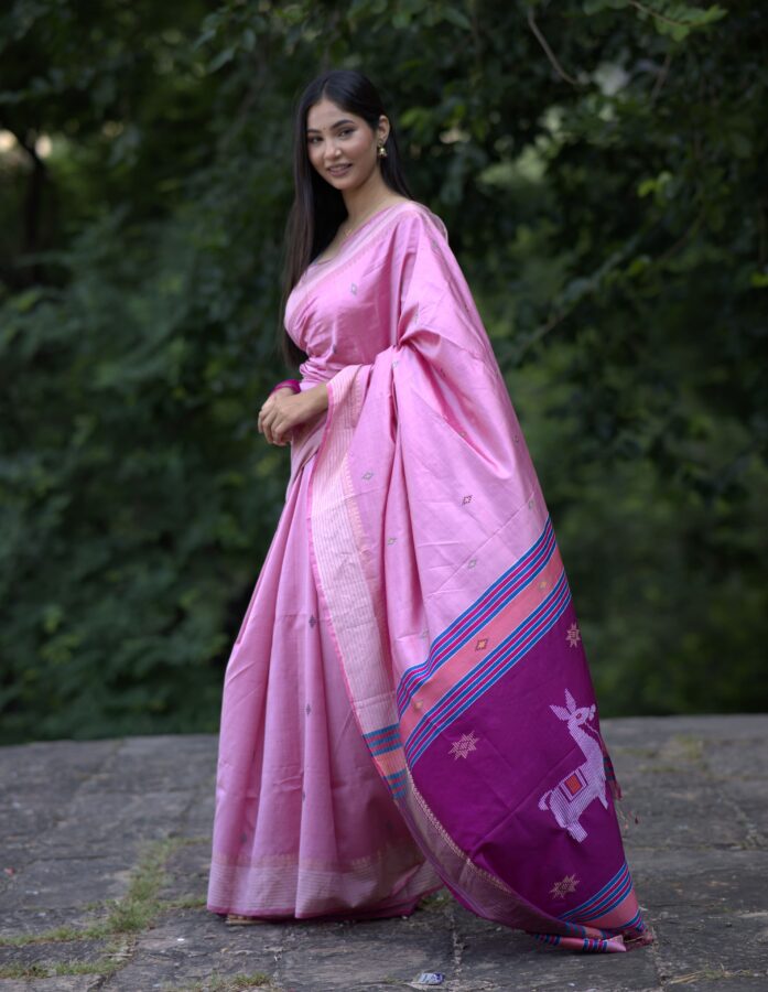 Powder Pink and Plum Bishnupuri Pure Silk Kalakhetra Saree