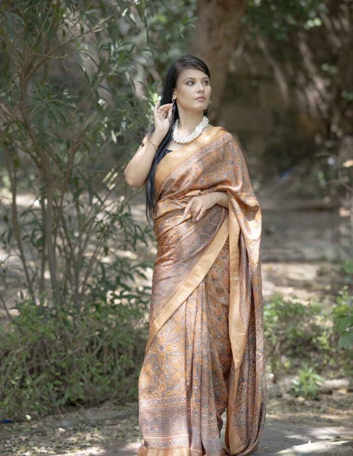"Melon Bloom" Mulberry Silk In Ajrakh Saree
