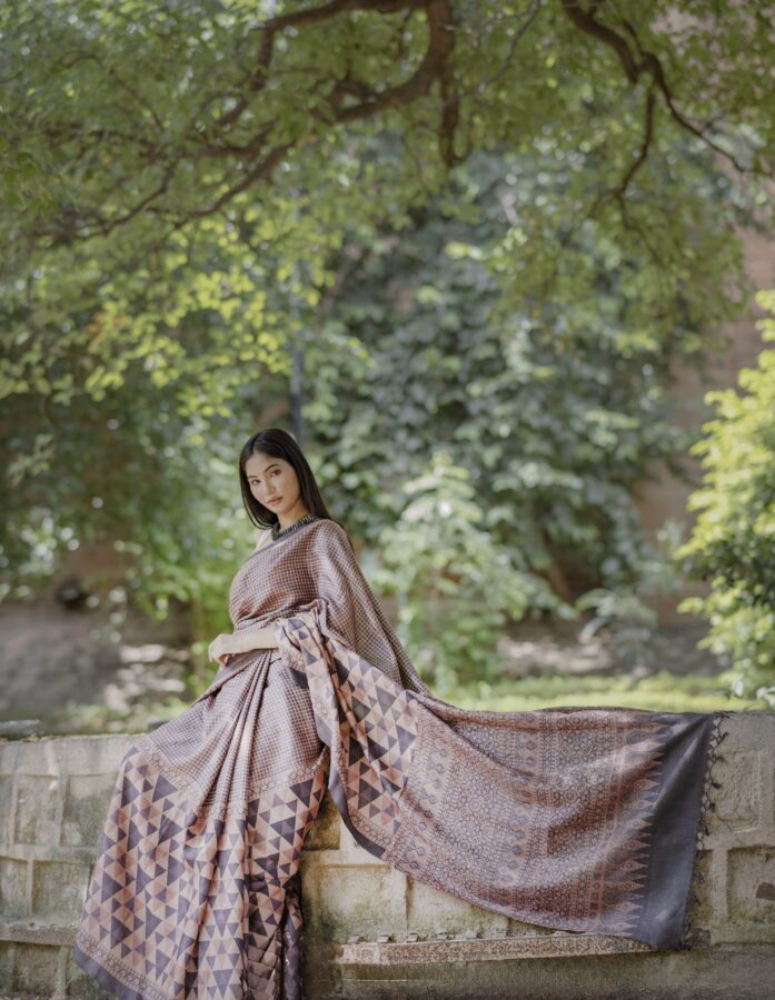 "Peach Petals" Tussar Silk Saree In Ajrakh