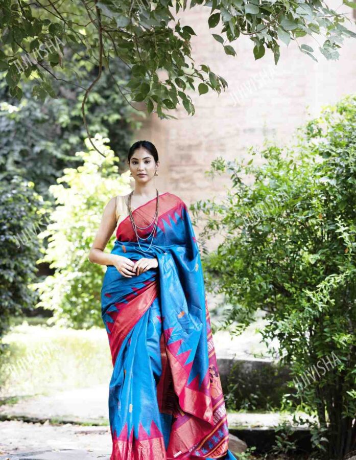 Blue Kosa Silk Saree with Red Temple Border