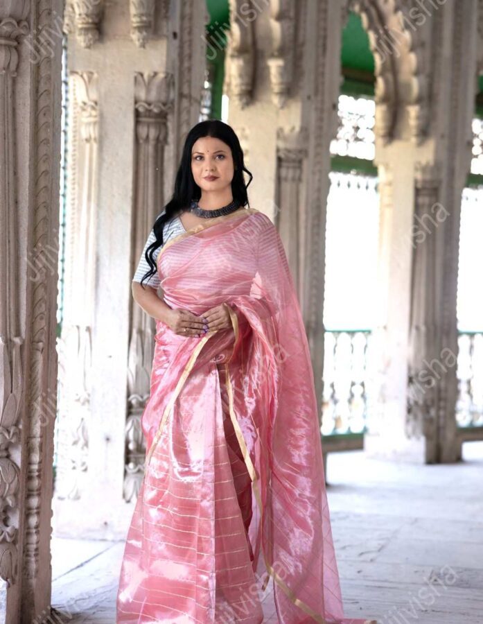 Peach Tissue Silk Saree with Silver Tone and Golden Stripes