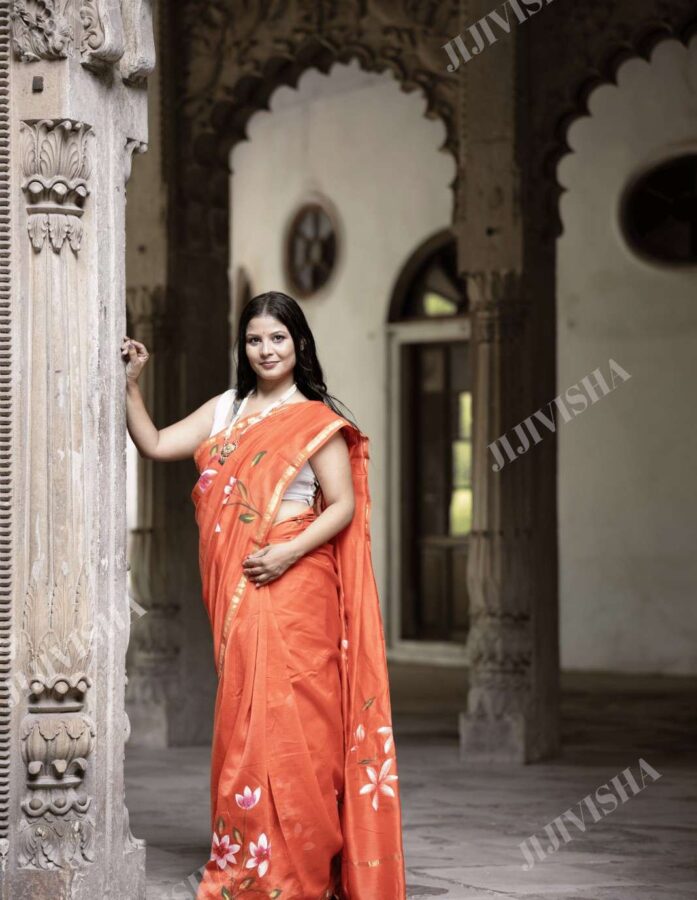 Orange Chanderi Silk Saree with Floral Motifs