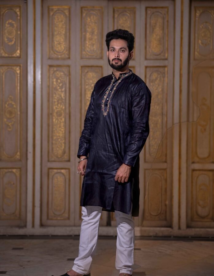 Black Kosa Silk Men’s Long Kurta