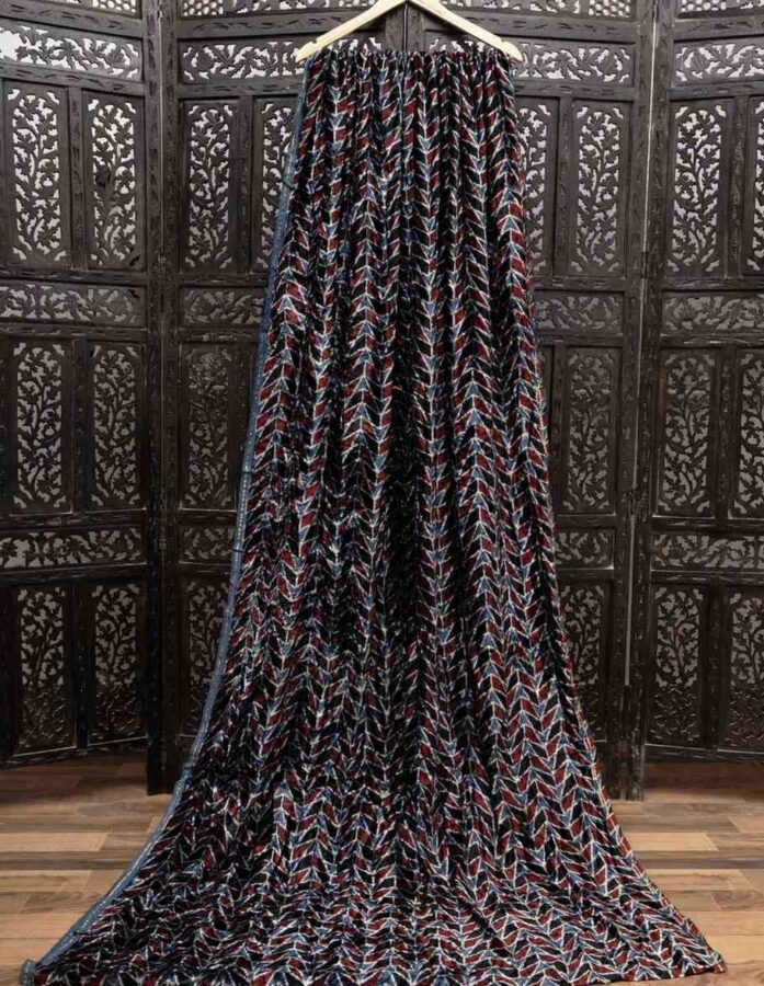 Blue Velvet Fabric With Brown and Black Geometric Print In Ajrakh Handblock