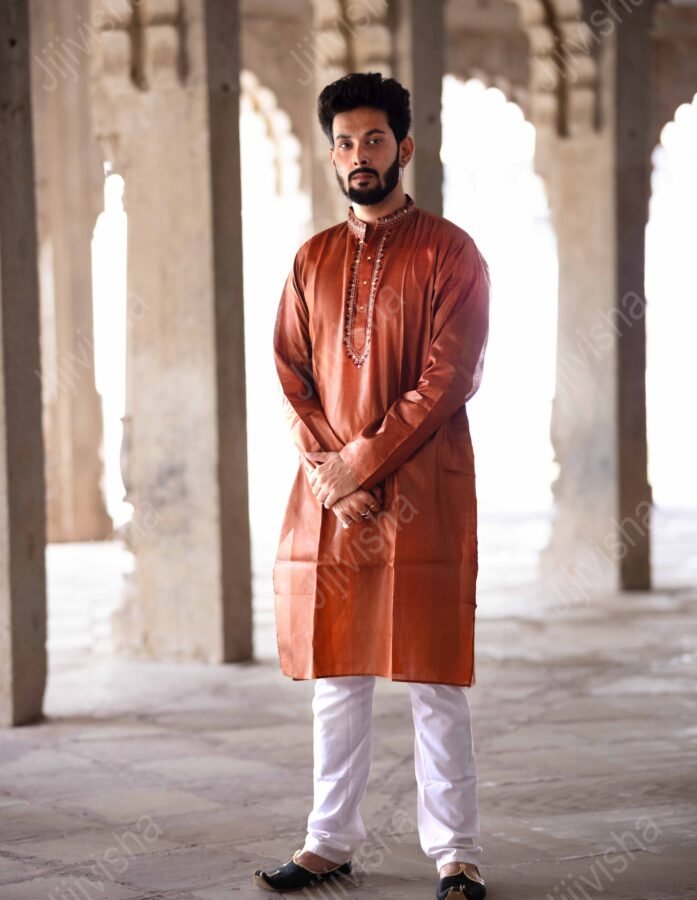 Rust Kosa Silk Men’s Long Kurta
