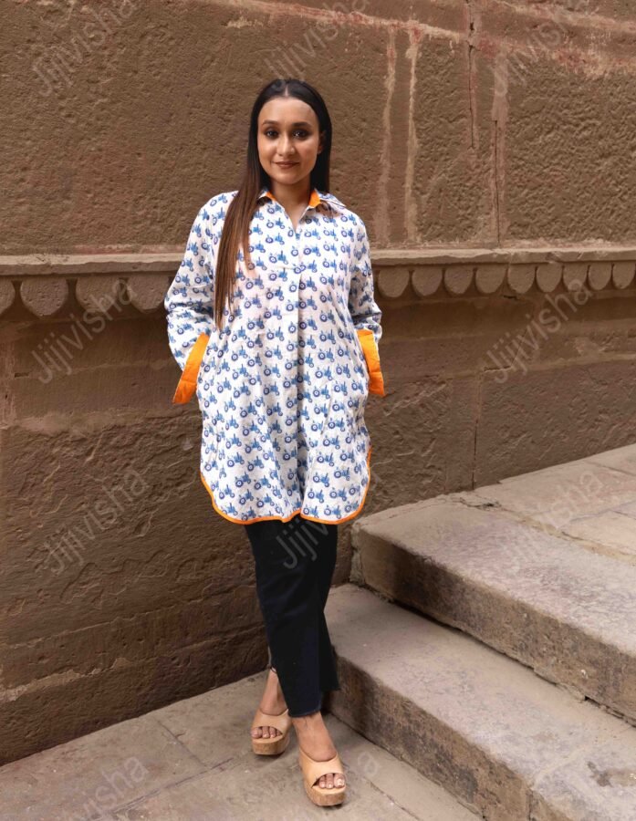 Ivory Cotton Top With Blue Tractor Hand Block Print & Orange Highlights
