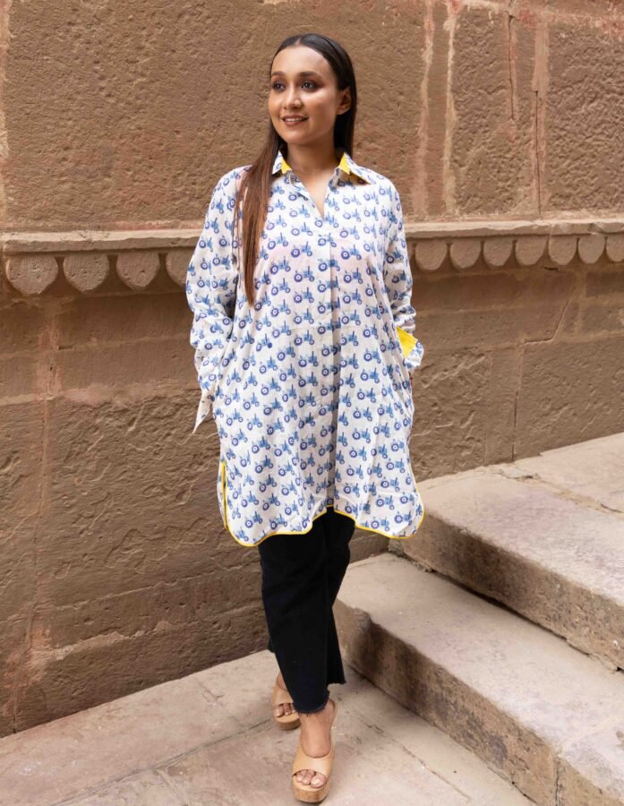 Ivory Cotton Top With Blue Tractor Hand Block Print & Yellow Highlights