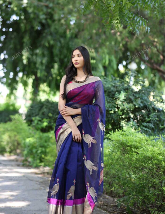 Navy Blue Chanderi Silk Saree with Peacock Motifs