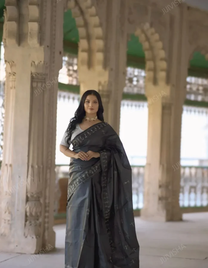 Black Kosa Silk Saree with Silver Aari Embroidery