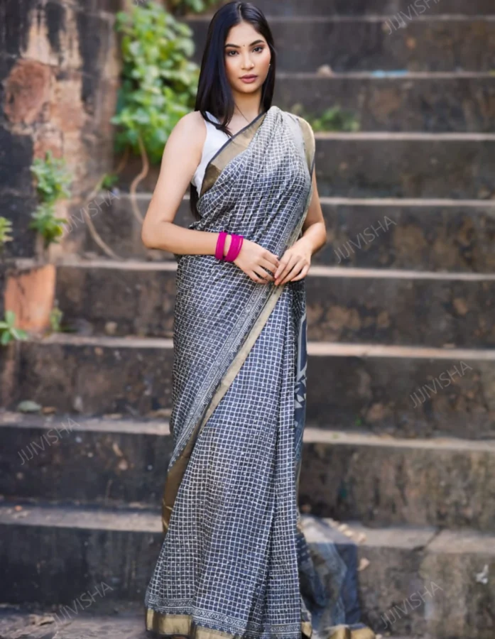 "Silken Charcoal Blossom" Mulberry Silk Saree