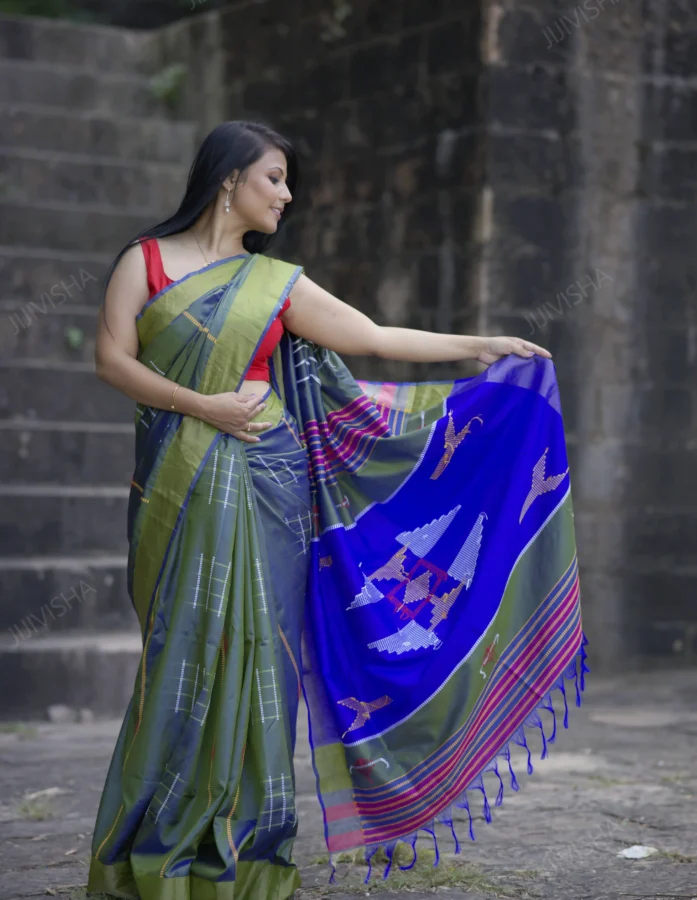 Rajat Paridhi: Dark Olive Green and Royal Blue Bishnupuri Pure Silk Kalakhetra Saree